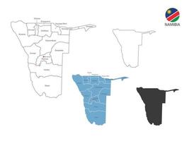 4 estilo de ilustración de vector de mapa de namibia tiene toda la provincia y marca la ciudad capital de namibia. por estilo de simplicidad de contorno negro delgado y estilo de sombra oscura. aislado sobre fondo blanco.