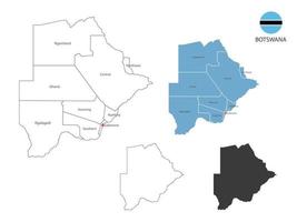 4 estilo de ilustración de vector de mapa de botswana tiene toda la provincia y marca la ciudad capital de botswana. por estilo de simplicidad de contorno negro delgado y estilo de sombra oscura. aislado sobre fondo blanco.