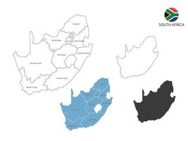 4 estilo de ilustración de vector de mapa de sudáfrica tienen todas las provincias y marcan la ciudad capital de sudáfrica. por estilo de simplicidad de contorno negro delgado y estilo de sombra oscura. aislado sobre fondo blanco.