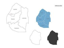 4 estilo de ilustración de vector de mapa de swazilandia tiene toda la provincia y marca la ciudad capital de swazilandia. por estilo de simplicidad de contorno negro delgado y estilo de sombra oscura. aislado sobre fondo blanco.