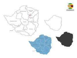 4 estilo de ilustración de vector de mapa de zimbabwe tiene toda la provincia y marca la ciudad capital de zimbabwe. por estilo de simplicidad de contorno negro delgado y estilo de sombra oscura. aislado sobre fondo blanco.