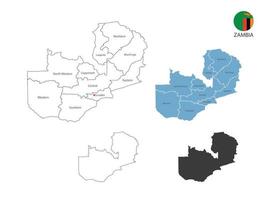 4 style of Zambia map vector illustration have all province and mark the capital city of Zambia. By thin black outline simplicity style and dark shadow style. Isolated on white background.