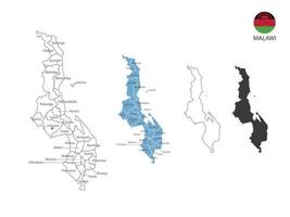 4 estilo de ilustración de vector de mapa de malawi tiene toda la provincia y marca la ciudad capital de malawi. por estilo de simplicidad de contorno negro delgado y estilo de sombra oscura. aislado sobre fondo blanco.