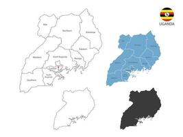 4 estilo de ilustración de vector de mapa de uganda tiene toda la provincia y marca la ciudad capital de uganda. por estilo de simplicidad de contorno negro delgado y estilo de sombra oscura. aislado sobre fondo blanco.