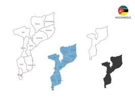 4 estilo de ilustración vectorial de mapa de mozambique tiene toda la provincia y marca la ciudad capital de mozambique. por estilo de simplicidad de contorno negro delgado y estilo de sombra oscura. aislado sobre fondo blanco. vector