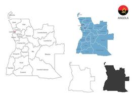 4 estilo de ilustración de vector de mapa de angola tiene toda la provincia y marca la ciudad capital de angola. por estilo de simplicidad de contorno negro delgado y estilo de sombra oscura. aislado sobre fondo blanco.