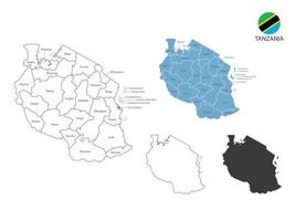 4 estilo de ilustración de vector de mapa de tanzania tiene toda la provincia y marca la ciudad capital de tanzania. por estilo de simplicidad de contorno negro delgado y estilo de sombra oscura. aislado sobre fondo blanco.