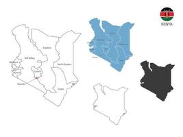 4 estilo de ilustración de vector de mapa de kenia tienen todas las provincias y marcan la ciudad capital de kenia. por estilo de simplicidad de contorno negro delgado y estilo de sombra oscura. aislado sobre fondo blanco.