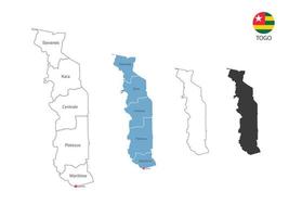 4 estilo de ilustración de vector de mapa de togo tiene toda la provincia y marca la ciudad capital de togo. por estilo de simplicidad de contorno negro delgado y estilo de sombra oscura. aislado sobre fondo blanco.