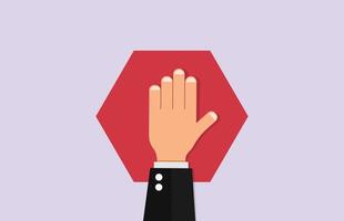 Stop forbidden. Hand holds polygonal red sign warning about danger of traffic prohibition going to website stopping for public transport limiting direction and vector speed.