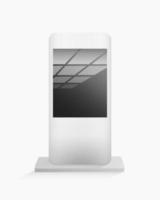 Mobile gadget on stand. Digital white device with dark lcd screen and reflections. vector