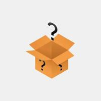 Open secret mystery box isometry. Packaging with yellow cubic question marks unknown package gift help with frequently asked questions mysterious container with vector surprise.