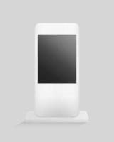 Digital gadget on stand. White device with dark lcd screen and communication wireless smart technology. vector