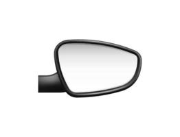 Car side mirrors template. Empty mirrored item with black frame to view road and pedestrians safety symbol on vector highway.