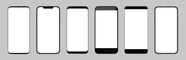 Bundle of smartphones, mobile phones or cellphones with different frames, borders or bezels. Collection of electronic device or gadget mockups. Modern realistic vector illustration for branding.