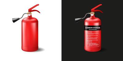 Red fire extinguisher template. Metal balloon with foam and instructions for use firefighting cylinder vector