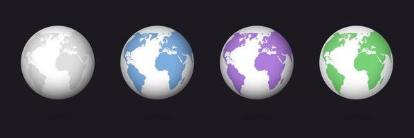 Earth color globe 3d. Planet with different color setting from monochrome to green blue water continents. vector