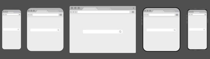 Web search engine window on computer, tablet PC or smartphone screens. Internet or online browser interface on displays of mobile electronic gadgets or devices. Modern realistic vector illustration.