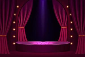 Stage podium in concert hall template. Festive show in trendy club with velvet curtains and stage lights vintage presentation in vector theater