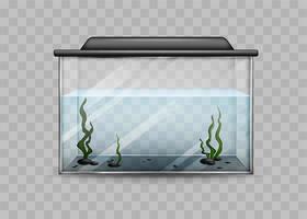 Transparent aquarium with water and algae isolated template. Rectangular container with black backlight lid and green underwater plants water world at home and vector office.