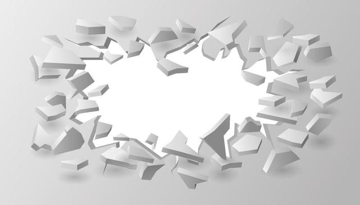 Hole in gray wall with flying debris