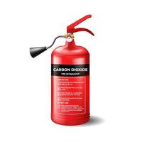 Portable fire red extinguisher with instructions. Firefighting cylinder with black spray and pressure sensor. vector