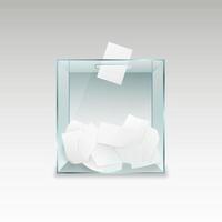 Ballot box with voting forms. Transparent glass container with pieces of paper political referendum vector