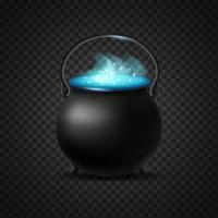 Cauldron of blue witchcraft potion isolated. Rising steam with bubbles of pot of bubbling potion vector