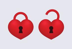 candado de amor abierto y cerrado. signo de seguridad romántica roja y acceso privado a la decoración navideña de los asuntos del corazón para los amantes con secretos simples que desbloquean la pasión y las emociones vectoriales. vector