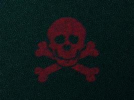 Virus bug code. Red abstract crossbones skull background of green code threat of hacking failure in control system sudden error in application web danger working vector computer.