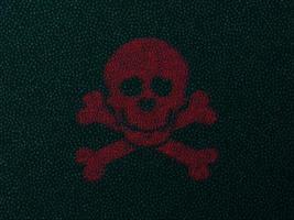 Virus bug code. Red abstract crossbones skull background of green code threat of hacking failure in control system sudden error in application web danger working vector computer.