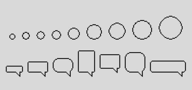Set of pixel speech bubbles. Collection of message, chat, dialog or communication symbols isolated on light background. Modern monochrome vector illustration in retro 8-bit style.