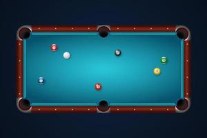 Billiard table with balls top view. Surface covered with blue felt with rolling colored game spheres. vector