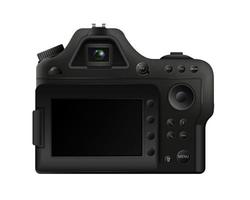 Black digital camera template. Professional gadget with push button settings interface vector