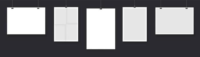 Collection of paper cards hanging on strings isolated on black background. Bundle of postcard, flyer or poster templates. Modern realistic vector illustration for advertisement.