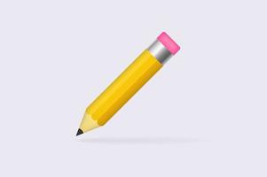 lápiz 3d. objeto de madera amarillo con plomo negro y borrador rosa, herramienta esencial de dibujo y papelería de educación creativa para notas, escritor de escritura vectorial y asistente de viaje. vector