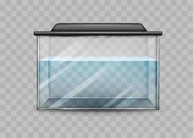 Transparent aquarium with water isolated template. Rectangular container with black backlight lid water world at home and vector office.