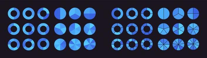 colección de gráficos circulares divididos en partes o sectores. conjunto de diagramas circulares y gráficos en forma de anillo aislados en fondo negro. ilustración de vector plano moderno para análisis estadístico.