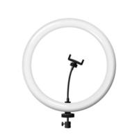 Ring lamp with tripod template. White led circle with black smartphone and camera mount vector