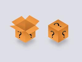 Mysterious secret box open and closed isometry. Cube packaging with yellow question marks unknown package gift help with frequently asked questions mysterious container vector surprise.