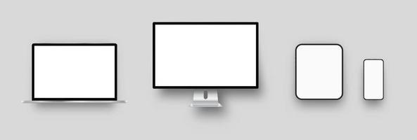 Laptop, desktop computer, tablet PC, smartphone mockups isolated on light background. Collection of electronic devices and portable or mobile gadgets. Modern realistic vector illustration.