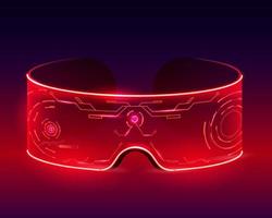 Futuristic techno glasses. Neon cyberpunk digital devices for red online travel and video viewing. vector