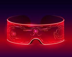 Futuristic techno glasses. Neon cyberpunk digital devices for red online travel and video viewing. vector