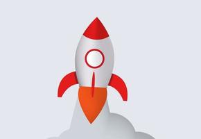 Rocket launch. Spaceship with red flame and stream smoke takes off to top conquest of outer space and interstellar travel new creative project of marketing innovation vector company.