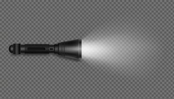 Black flashlight with light on isolated template. Realistic pocket device illuminates surface with beam vector