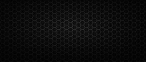 Black backdrop with metal hexagonal wire. Dark background with carbon polygonal net or grid. Futuristic geometric banner template with polygonal cells. Modern monochrome vector illustration.