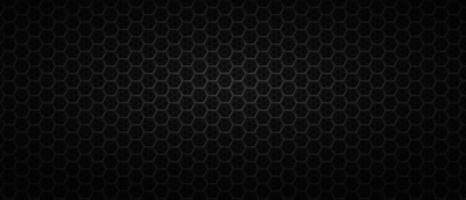 Black backdrop with metal hexagonal wire. Dark background with carbon polygonal net or grid. Futuristic geometric banner template with polygonal cells. Modern monochrome vector illustration.