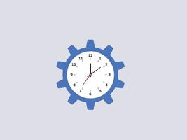 Cogwheel clock. Blue gear circle with dial and hands optimization control mechanism with timer settings technical efficiency and industrial vector information.