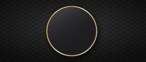 Black background with hexagonal tiles and round golden frame. Dark backdrop with polygon tiles and circular border. Decorative banner with hexagons and circle. Modern monochrome vector illustration.