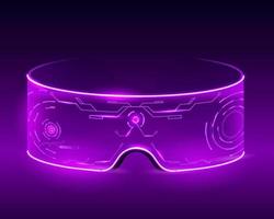 gafas tecno de neón. Dispositivos digitales ciberpunk violetas futuristas para viajes en línea y visualización de videos. vector